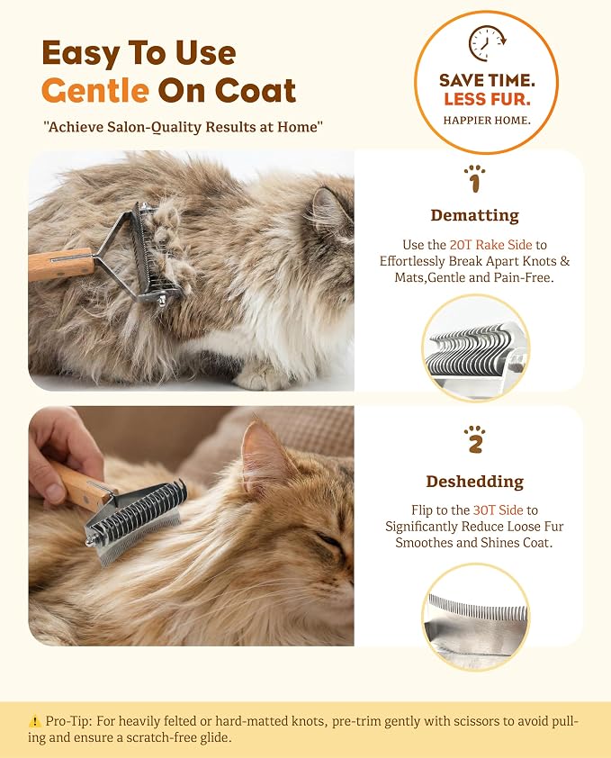 2-in-1 Deshedding & Dematting Brush for Long Haired Cats | Double-Sided Undercoat Rake for Shedding, Efficiently Removes Loose Hair & Tangles, Safe Detangler for Matted Fur