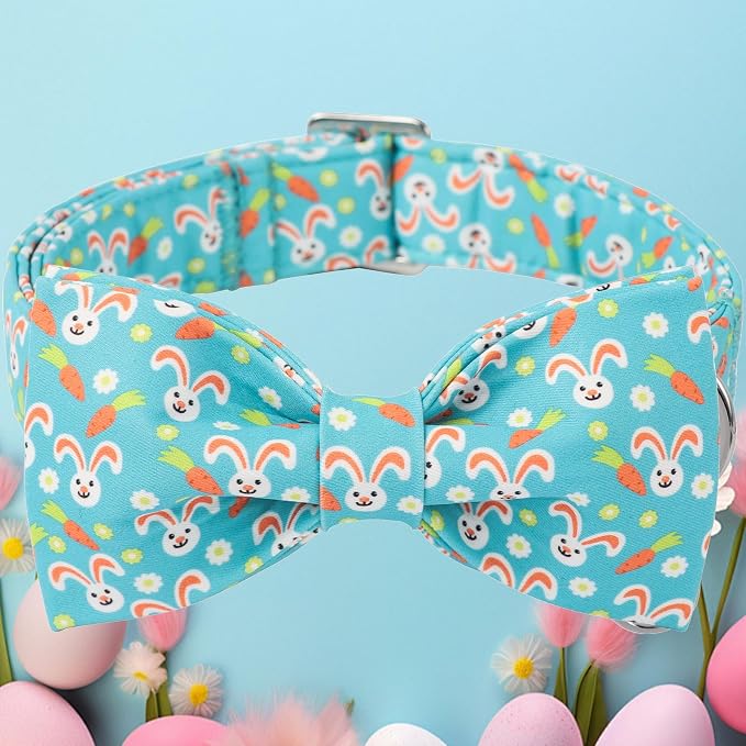 DOGWONG Easter Dog Collar Rabbit Dog Collar with Bow Adjustable Bowtie Blue Bunny Dog Collars for Small Medium Large Dogs