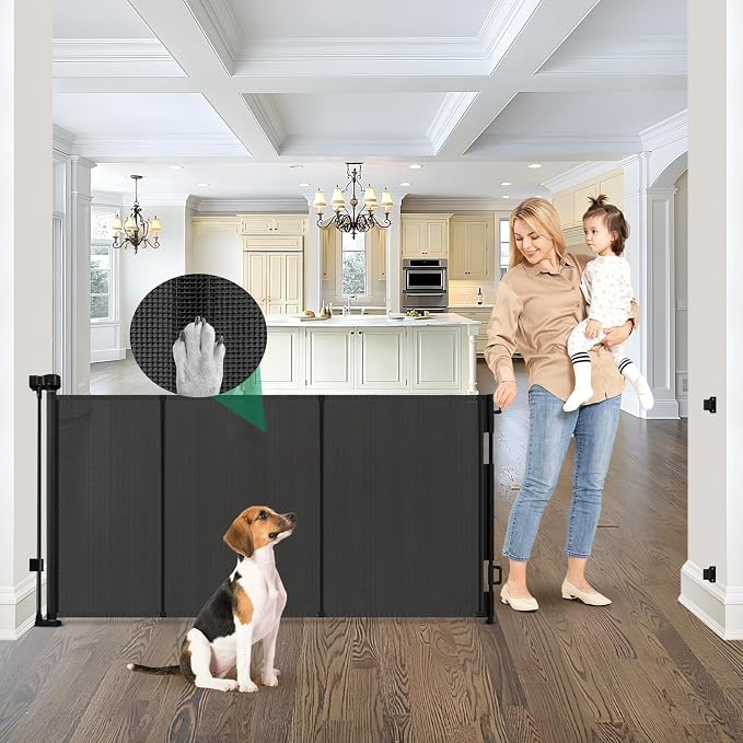 Reinforced 85" Wide Retractable Baby Gates Extra Wide Retractable Dog Gate with Support Rods – Prevent Crawling Under, Indoor Wide Baby Gate Outdoor Retractable Gate, Puppy Gates for The House, Black