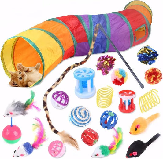 Cat Tunnel Toy Set for Indoor Cats – 20 Pcs Collapsible Cat Tunnels & Tubes, Interactive Feather Wand, Balls, Toys for Kitten and Large Adult Cats