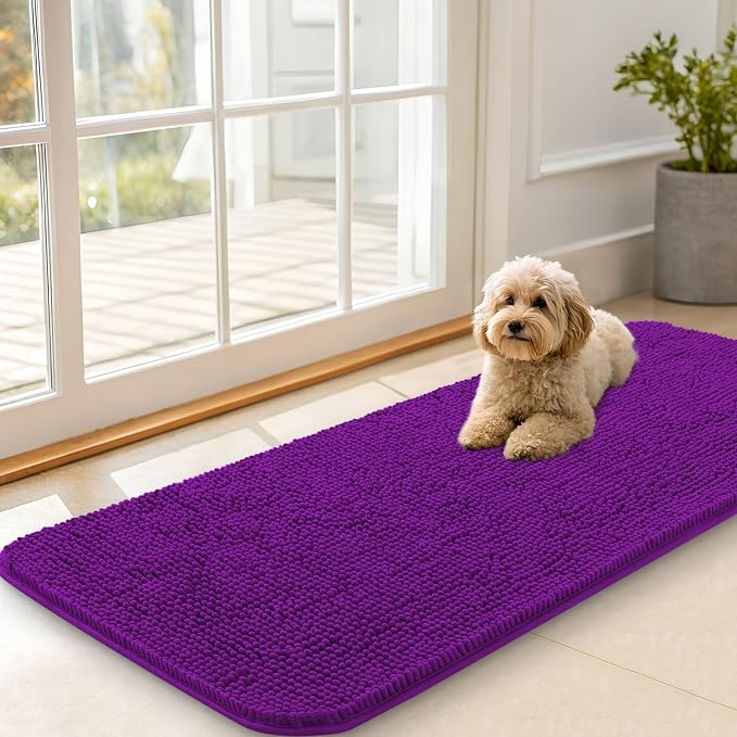 OLANLY Dog Door Mat for Muddy Paws 47x20, Super Absorbent Chenille Mud Mat | Purple, Absorbs Moisture and Dirt, Non-Slip Machine Washable Doormat, Quick-Drying Indoor Entryway Floor Carpet for Dogs