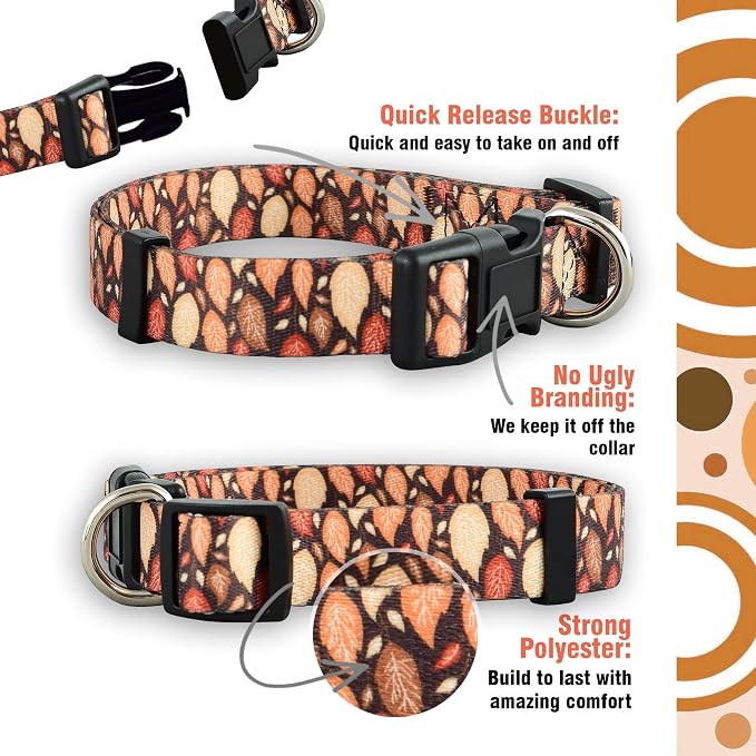 Native Pup Thanksgiving Dog Collar- Fall Collars for Dogs- Autumn Leaf, Turkey, Pumpkin Pie, Holiday Leaves- Girl Boy Puppy- Adjustable for Small, Medium, Large Breeds (Fall Leaves, Small)