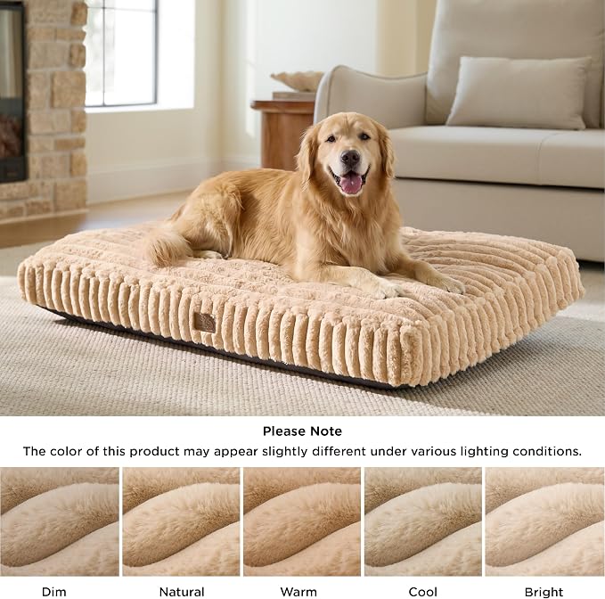 Bedsure ComfyFleece™ Dog Bed Large Sized Dog Crate Pillow 35x22 Sandy Beige | Aesthetic Crate Bed for Balanced Support Cute Chopped Foam Pad with Removable Washable Cover Non-Slip Waterproof Cozy Pet Mat