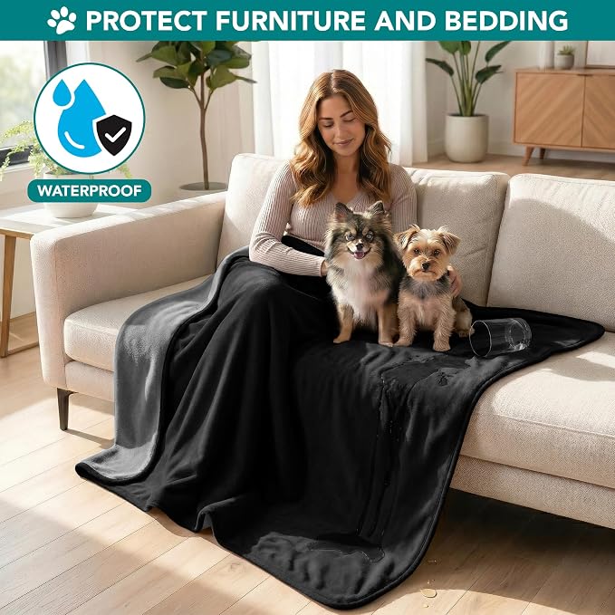 PetAmi Waterproof Dog Blanket for Couch, Pee Proof Reversible Cat Blanket for Sofa Bed Furniture Protector, Soft Fleece Washable Pet Throw for Dogs Cats Puppies Kittens, 40x60 Black Gray