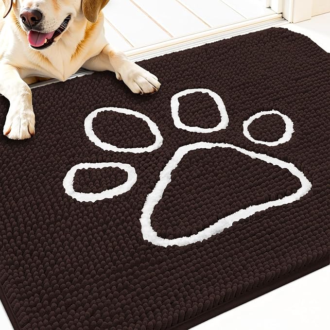 OLANLY Dog Door Mat for Muddy Paws 34x21, Paw Print Design Chenille Mud Mat | Brown, Absorbent, Traps Moisture and Dirt, Non-Slip Washable Doormat, Quick-Drying Indoor Entryway Floor Carpet for Dogs
