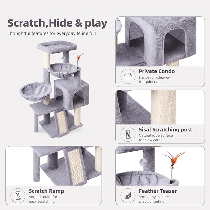 Cat Tree with Cat Condo and Two Hammocks, Cat Tree with Scratching Posts and Scratching Pads, Cat Tower for Indoor Cats, Activity Centre Climbing Tree with Playful Toy Balls, Grey