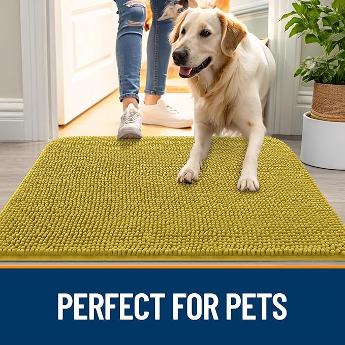 OLANLY Dog Door Mat for Muddy Paws 24x16, Super Absorbent Chenille Mud Mat | Mustard Yellow, Absorbs Moisture and Dirt, Non-Slip Machine Washable Doormat, Quick-Dry Indoor Entryway Floor Carpet for Dogs