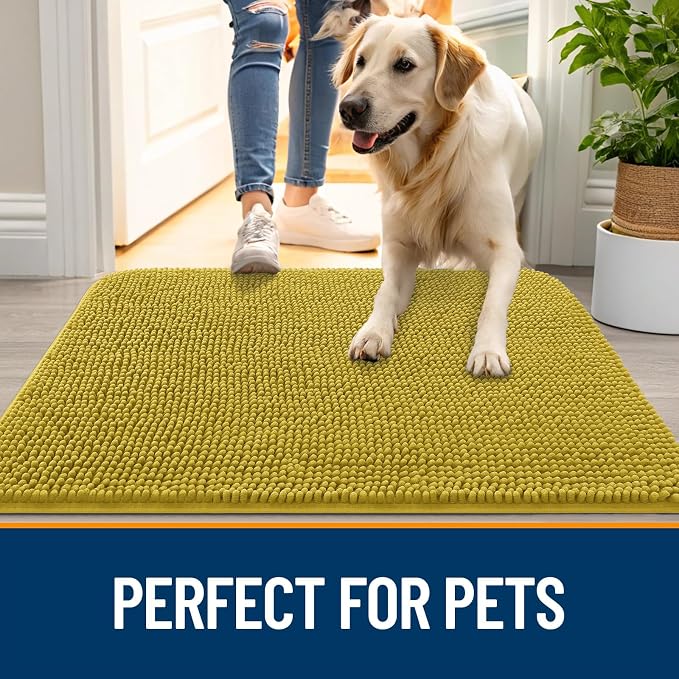 OLANLY Dog Door Mat for Muddy Paws 30x20, Super Absorbent Chenille Mud Mat | Mustard Yellow, Absorbs Moisture and Dirt, Non-Slip Machine Washable Doormat, Quick-Dry Indoor Entryway Floor Carpet for Dogs
