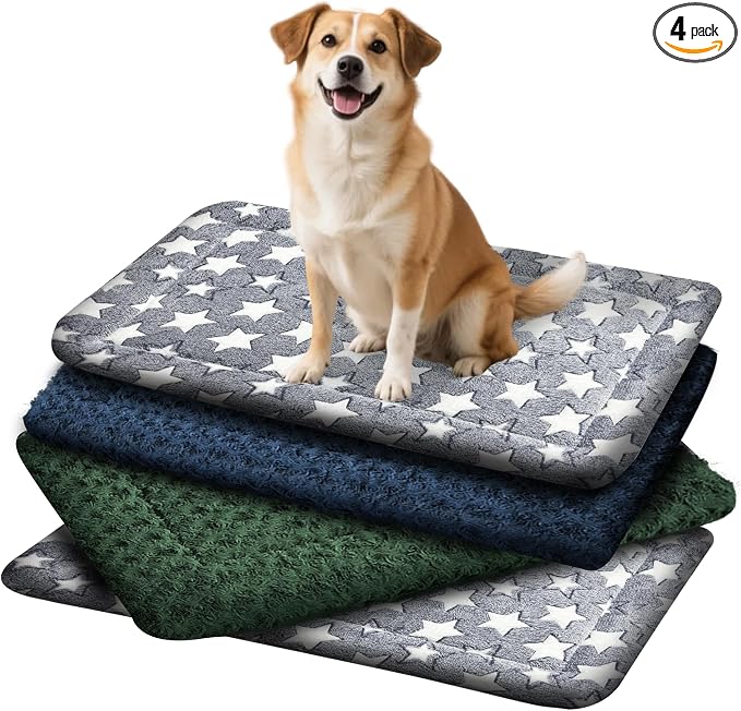 4 Pcs Washable Dog Bed Plush Orthopedic Outdoor Crate Mat with Non-Slip Bottom,Luxe Kennel Pad for Pets,Cozy Cage Cushion&Pet Sleeping Mattress Large Sized,Medium,Small Dogs,30 x 20 inch,Color Blend