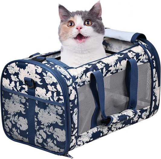 Soft-Sided Kennel Pet Carrier for Small Dogs, Cats, Puppy, Airline Approved Cat Carriers Dog Carrier Collapsible, Travel Handbag & Car Seat (Blue White Floral, 19" L x 11" W x 11" H)