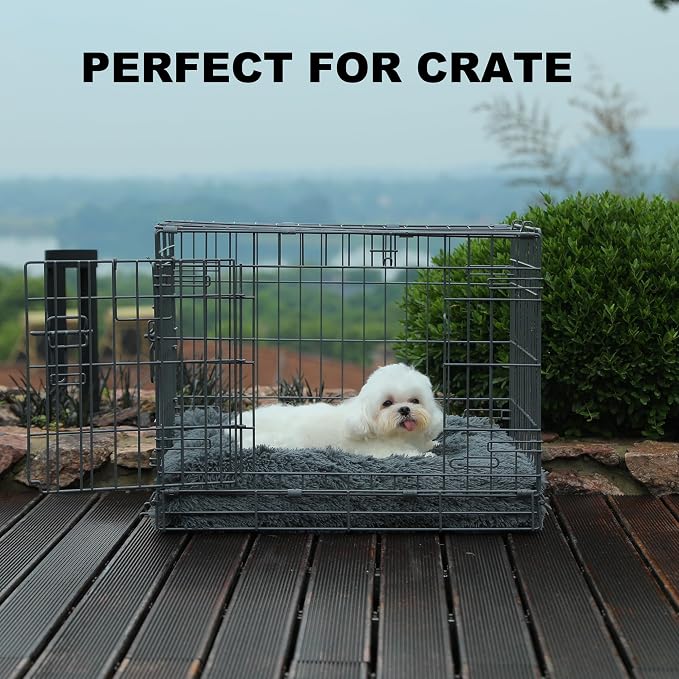 Bedfolks Waterproof Dog Crate Bed, Plush Dog Pad, 17"x12", Solid Dark Grey | Faux Fur Plush Cover, Zippered Removable Washable Outer, Waterproof Inner Lining, Non-Slip Base, Crate Pad and Dog Pillow