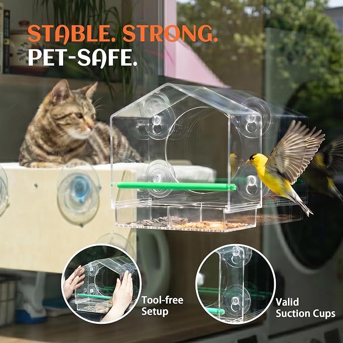 Cat Window Bird Feeder for Indoor Cats, Bird Watching TV for Cats | Clear Acrylic Outdoor Bird Feeding Station with Strong Suction Cups for Enrichment, Mental Stimulation & Boredom Relief