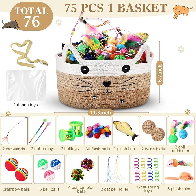 Zopeal 76 Pcs Cat Storage Basket Gift Toys Set Interactive Cat Toys Kitten Wand Colorful Flashing Balls Pet Crinkle Balls Attract Kitten to Swat, Hunt for Pet Indoor(Khaki)