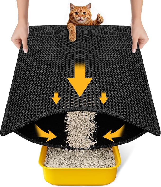 Cat Litter Mat, Upgrade Super Waterproof Back Layer Litter Box Mat, Non Slip, Durable, Soft on Paws Kitty Trapping Matt (24"x18", Black)