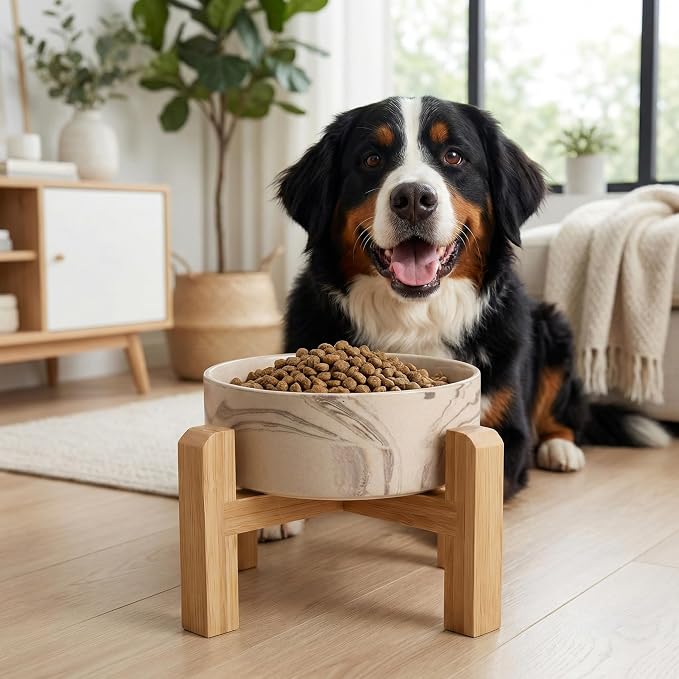hjn Elevated Ceramic Dog Bowl with Bamboo Stand, Raised Pet Feeding Station for Small Medium Dogs Cats, Modern Design with Anti-Slip Base (Marble Brown, 7.6Cup)