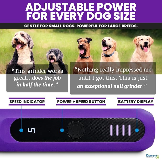 Diamondg Micro Dog Nail Grinder - Quiet Sound with LED Light, Purple | 5-Speed Rechargeable Pet Nail Trimmer for Small & Large Dogs, LCD Display, USB-C Charging, 4hrs. Runtime Rotary Tool