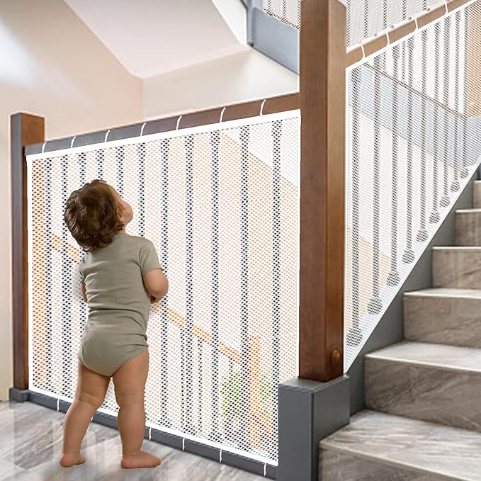 Baby Gate for Stairs, Banister Guard for Kids, Pets, Toys, 21.6 ft L x 2.66 ft H, Mesh Netting Safety Net for Balcony Rail Stair, Stairway Net Baby Safety Products for Indoor & Outdoor (White)