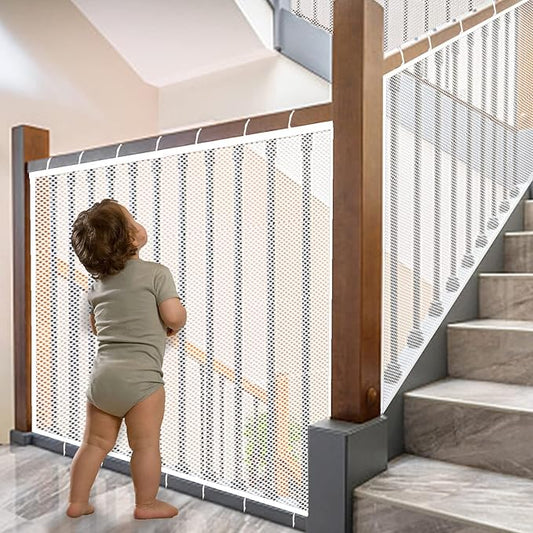 Baby Gate for Stairs, Banister Guard for Kids, Pets, Toys, 21.6 ft L x 2.66 ft H, Mesh Netting Safety Net for Balcony Rail Stair, Stairway Net Baby Safety Products for Indoor & Outdoor (White)
