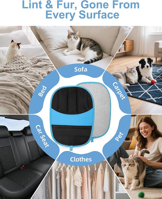 2 Pack Pet Hair Removal Glove, Five-Finger Tool for Dogs and Cats | Electrostatic Magic Brush, Reusable, for Furniture, Clothes and Car Seats, Grooming or Cleaning Needs(Blue)