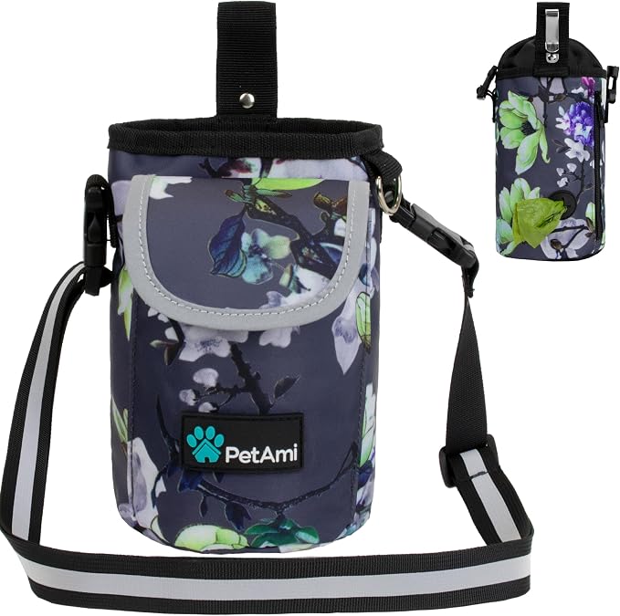 PetAmi Dog Treat Pouch, Large Hands-Free Training Bag, Floral Gray | Built-In Poop Bag Dispenser, Holds 3 Cups Of Treats, 4 Ways to Wear, D-Ring, Reflective Strap, Dog Treat Bag for Walking