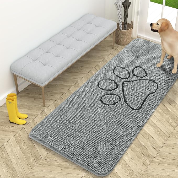 OLANLY Dog Door Mat for Muddy Paws 59x24, Paw Print Design Chenille Mud Mat | Grey, Super Absorbent, Traps Moisture and Dirt, Non-Slip Washable Doormat, Quick-Drying Indoor Entryway Floor Carpet for Dogs