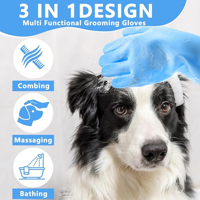 Pet Grooming Gloves—Dog Washing Gloves with High-Density Teeth | Dog Bath Scrubber with Enhanced Five Finger Design, Silicone Gloves for Dogs and Cats Bathing, Massage (Blue)
