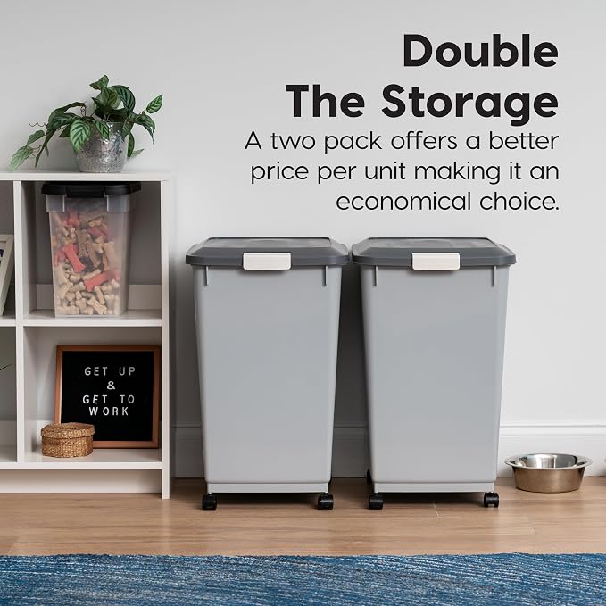 IRIS USA Dog Food Storage Container, 2-Pack, Up to 54 lbs, Gray/Dark Gray | Made in the USA, Comes w/ Wheels & 2-Cup Scoop, Airtight Seal, BPA-Free, Bird Seed, Cat food, Cat Litter, Multi-Pet Household