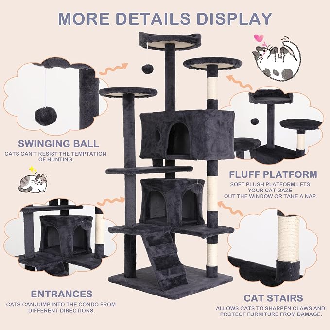 Go Pet Club 70'' Tall Multi-Level Cat Tree with Scratching Post, Stand Platform, Cat Condo, Tower and Funny Toy for Medium Indoor Cats