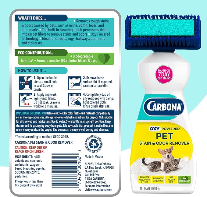 Carbona 2-in-1 Oxy-Powered Pet Stain & Odor Remover (13.5 Fl Oz), Carpet Spot Cleaner Removes Urine Odor, Lifts Mud & Vomit Stains, Prevents Resoiling