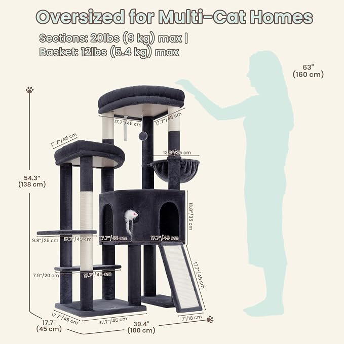 Cat Tree, Heavy Duty Cat Tower with Dual Platforms VCT002G | Oversized Diamond Condo for Large Cats, Sturdy Cat Furniture with Cozy Basket, Sisal Scratching Board & Posts, Smoky Gray