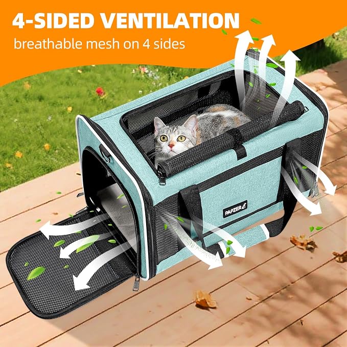 Cat Carrier Soft-Sided Travel Bag for Medium to Large Cats Over 15lbs, Small Dog Carrier Crate Top Entry Breathable Mesh Puppy 12 Pounds, Pet Rabbit Carrying Cage Kennel Collapsible Teal