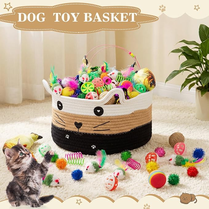 Zopeal 76 Pcs Cat Storage Basket Gift Toys Set Interactive Cat Toys Kitten Wand Colorful Flashing Balls Pet Crinkle Balls Attract Kitten to Swat, Hunt for Pet Indoor(White,Coffee,Black)