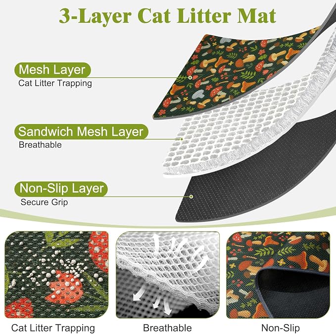 Unicorn Catcher 40X30in 2packCat Litter Mat Machine Washable Soft 3D Air Mesh Litter Box Rug Non-Slip Backing Quick Dry Scatter Control for Paws,Green Mushrooms