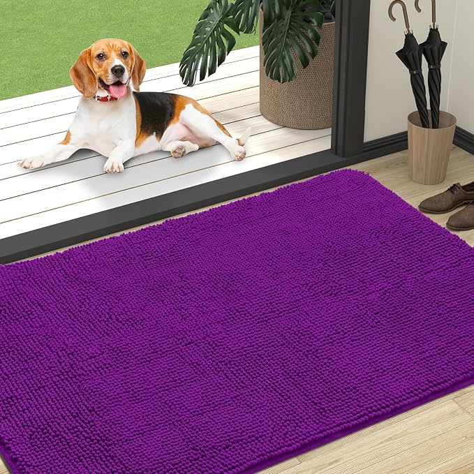 OLANLY Dog Door Mat for Muddy Paws 47x32, Super Absorbent Chenille Mud Mat | Purple, Absorbs Moisture and Dirt, Non-Slip Machine Washable Doormat, Quick-Drying Indoor Entryway Floor Carpet for Dogs