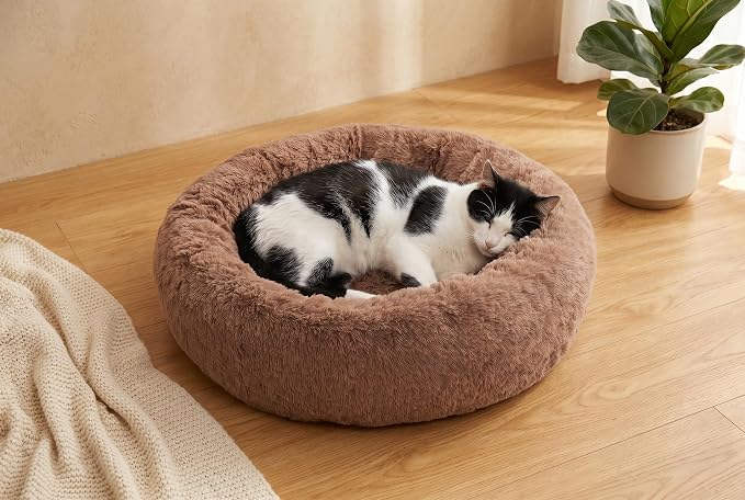 SAVFOX 20 inches Calming Donut Dog Bed - 3X Durable Plush Faux Fur, Machine Washable & Non-Slip, Fits up to 15 lbs, Brown