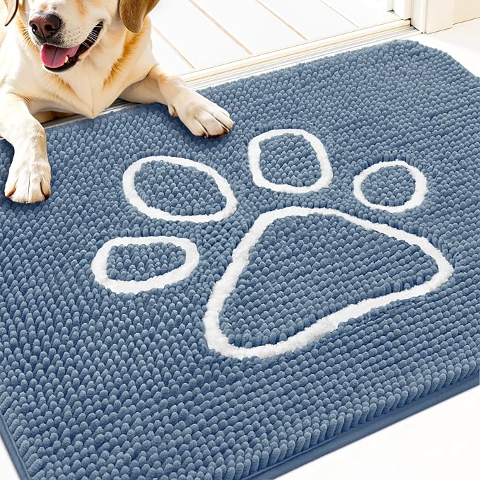 OLANLY Dog Door Mat for Muddy Paws 32x20, Paw Print Design Chenille Mud Mat | Airy Blue and White, Absorbent, Traps Moisture and Dirt, Non-Slip Washable Doormat, Quick-Dry Indoor Entryway Carpet for Dogs