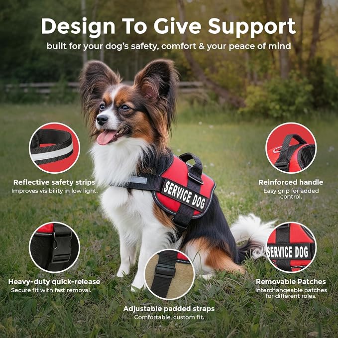 Industrial Puppy Service Dog Vest Harness - Durable & Adjustable Vest for Dog with Reflective Straps, Removable Patches, 50 ADA Cards, Handle & D-Ring, Travel and Daily Use,Bright Red, XXS 13.5"-17"
