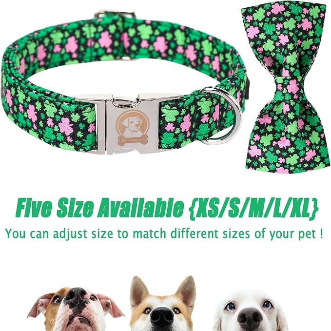 ·MR. CHUBBYFACE· St.Patrick's Pink Green Clover Dog Collar with Bowtie, Cute Clovers Shamrock Metal Buckle Dog Collar, Adjustable Shamrock Pet Collar with for Small Medium Large Dogs