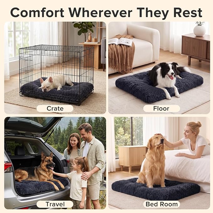 JOEJOY Large Dog Bed Crate Pad, Deluxe Plush Washable Dog Beds Fulffy Soft Kennel Pad Anti-Slip Pet Sleeping Mat for Extra Large Medium Small Dogs, 44" x 32", Dark Grey