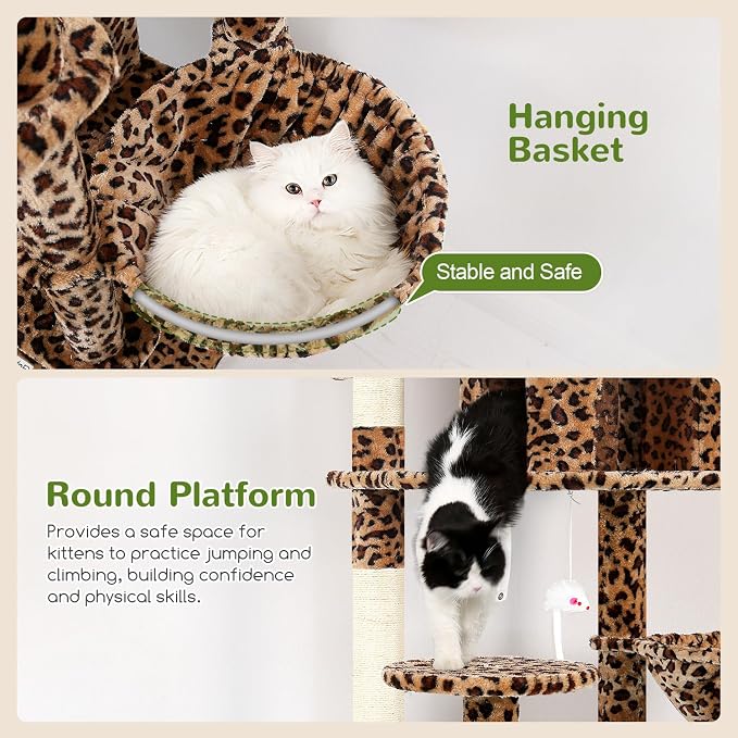 Globlazer Cat Tree Tower for Multiple Adult Cats, 82in, F82, Leopard Print | XXL Tall Cat Tree Tower for Indoor Cats with Scratching Post, 3 Perches, 2 Condos, 2 Hanging Baskets
