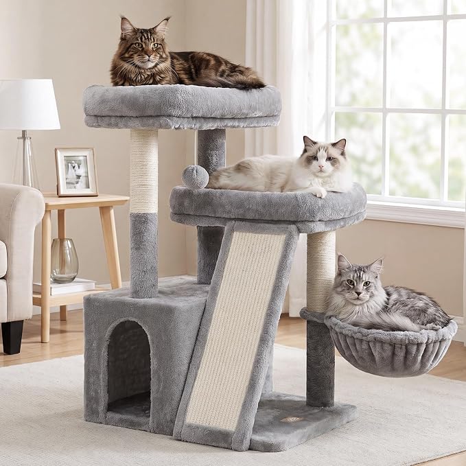 Heybly Compact Cat Tree with Big Scratcher, Stable Cat Tower HCT206SW | 27.2" Cat Furniture with 2 Top Perches, Floor Cat Condo, Cozy Hammock, Space-Saving Cat Activity Center, Light Gray
