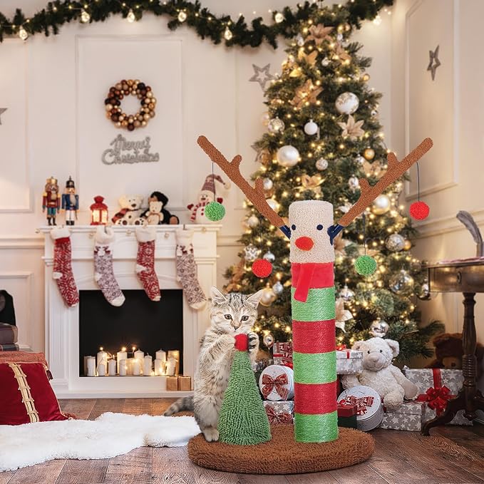 BOLUO Christmas Cat Scratching Post Deer Cat Trees for Adult Cats Scratcher Cute Toy Kitten Kitty Sisal Scratch with Teaser Ball Indoor 25 inch