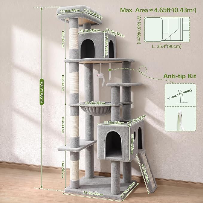 Globlazer Heavy Duty Cat Tree, 70 inch Sturdy Cat Tree for Indoor Cats Extra Large Cat Tower with Scratching Post, Hammock, Cat Condo for Adult Cats Kittens, F70 Pro, Light Grey