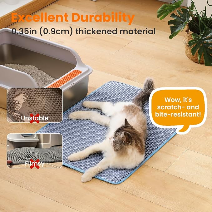 Extra Large Cat Litter Mat, Double Layer Honeycomb Design, Blue | 30x22”, Reduces Litter Tracking, Easy to Clean, Waterproof, Non-Slip, Soft on Paws, Scratch Resistant, Blue, XL