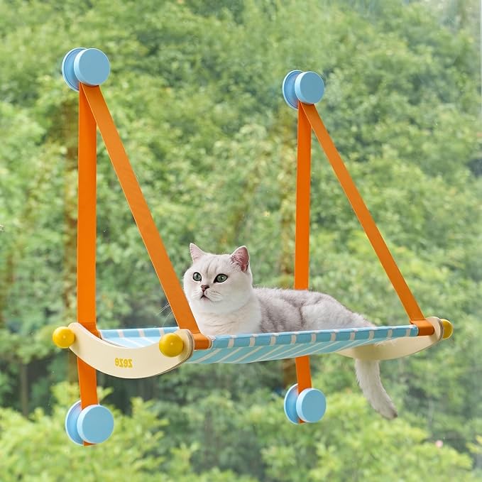 ZEZE Hanging Window Cat Hammock, 360° Panoramic View Window Perch, Canvas Bed, 4 Heavy-Duty Suction Cups, Space-Saving Cat Lounge, Up to 13 Pounds
