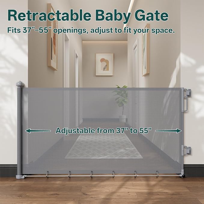 Cumbor 37-55" Retractable Baby Gates for Stairs & Doorways, Hardware Mounted Mesh Dog & Pet Gate, Easy Walk Through, One-Hand Operation, Anti-Crawl Adjustable Safety Gate for Dog, Indoor Outdoor Grey