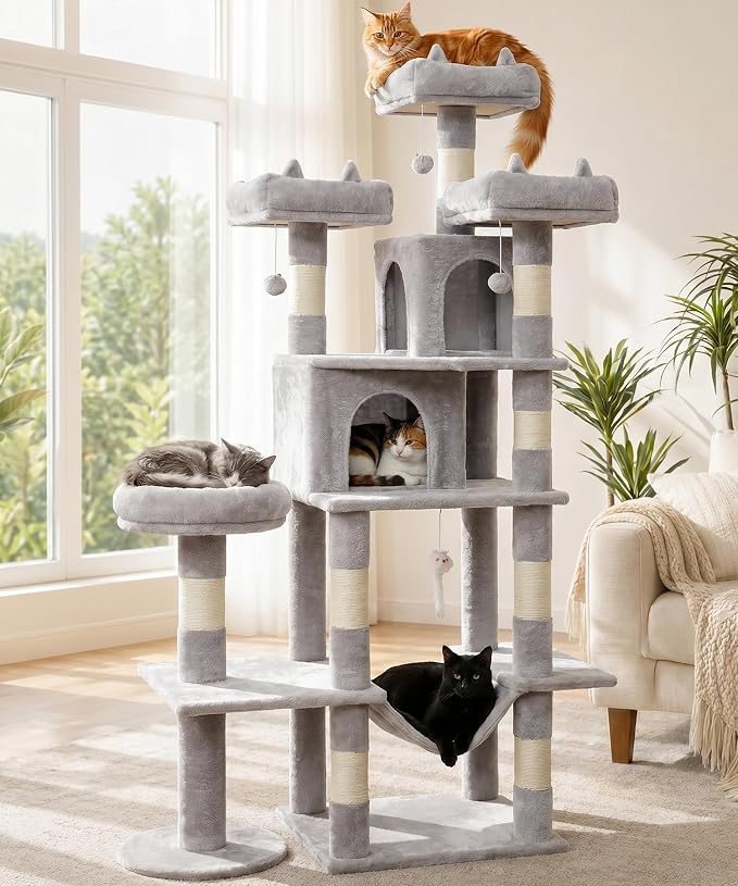 Cat Tower, 71 Inch Heavy Duty Cat Tree for Large Cats | Tall Multi-Level Cat Tree Tower with Extended Base, 2 Condos, 3 Perches, 9 Sisal Posts & Hammock for Indoor Adult Cats, Grey
