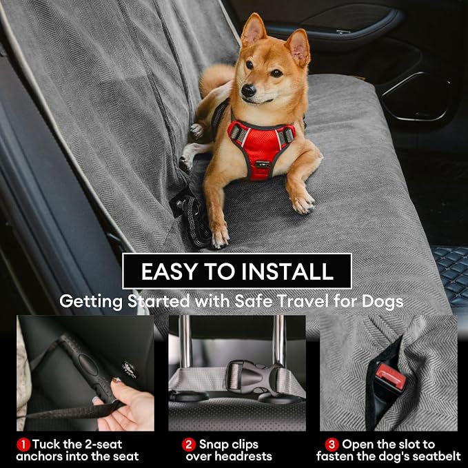 FUNNY FUZZY Dog Car Seat Cover for Back Seat, Back Seat Pet Cover for Dogs Waterproof, Scratchproof Dog Backseat Cover, Non-Slip Bench Car Seat Protector, Universal Fit Most Cars, SUVs, Trucks, Grey
