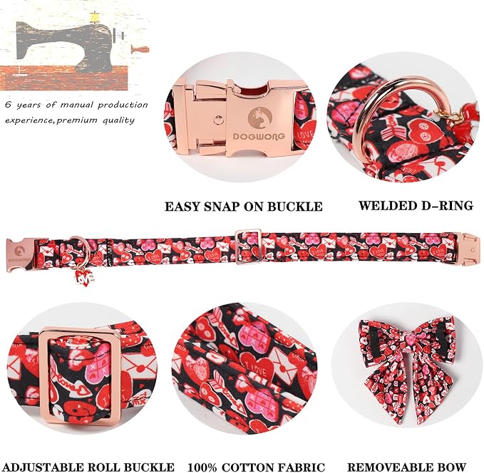 DOGWONG Valentine's Day Dog Collar-Cute Red Heart Dog Collar with Sailor Bowtie, Comfortable Girl Dog Collars with Metal Buckle,XL