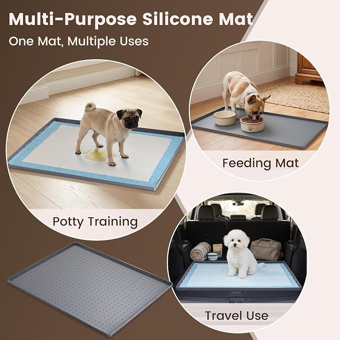 Dog Pee Pad Holder & Cat Litter Mat, L 34'' × 28'', Waterproof Floor Silicone Mat for Pets, Easy to Clean, Soft on Paws (Dark Grey)
